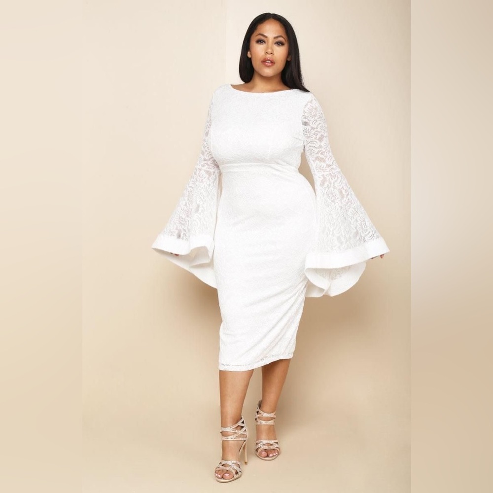 White lace bodycon dress with structured trumpet sleeves